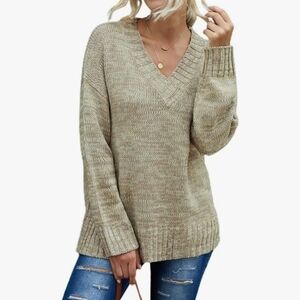 Khaki Deep V-Neck Long Sleeve Loose Fit Sweater- Size S EUC